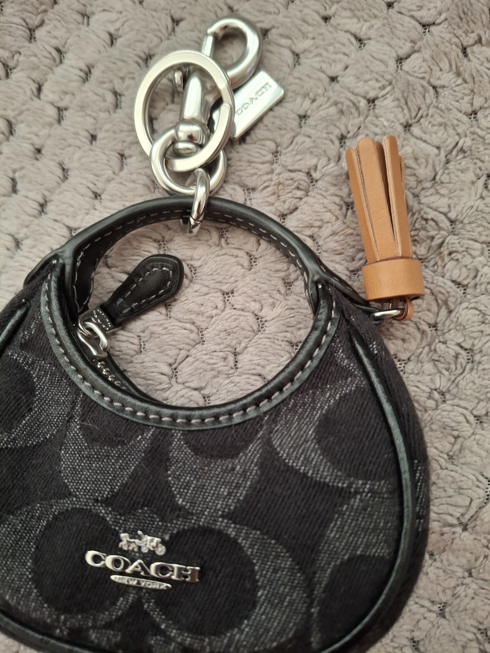 Coach Black Signature Coin Purse Keyring with Tan Leather Tassel